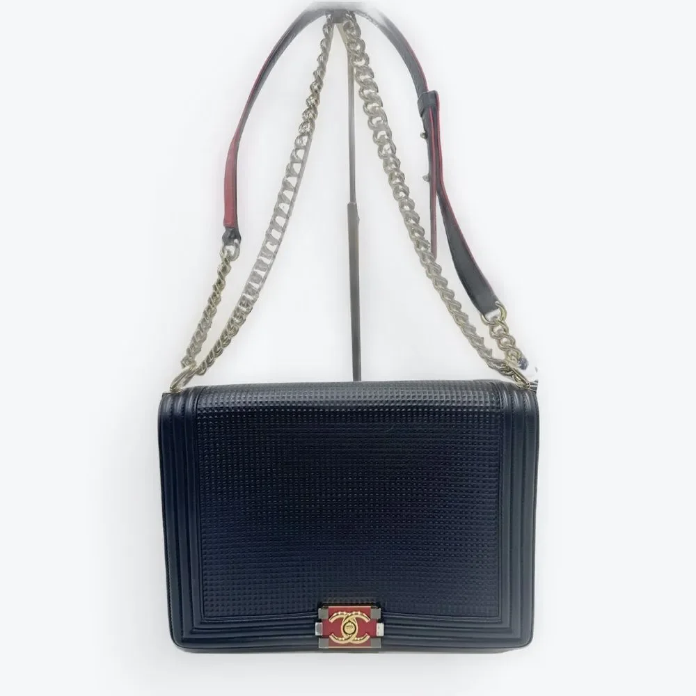 Auth Chanel Navy Blue Limited Edition Boy Flap Large New Cube Shoulder Bag